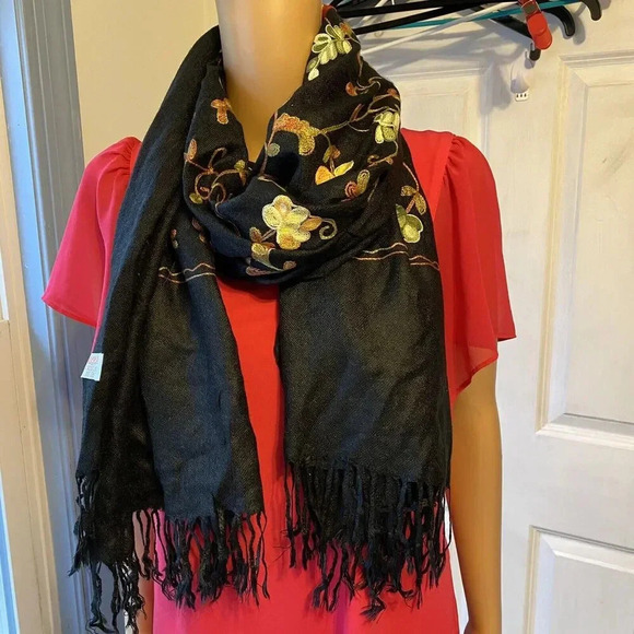 pashmina Accessories - Pashmina Silk Bend Scarf Wrap Shawl Tasseled 68”x27” Black Floral Luxury Fairy